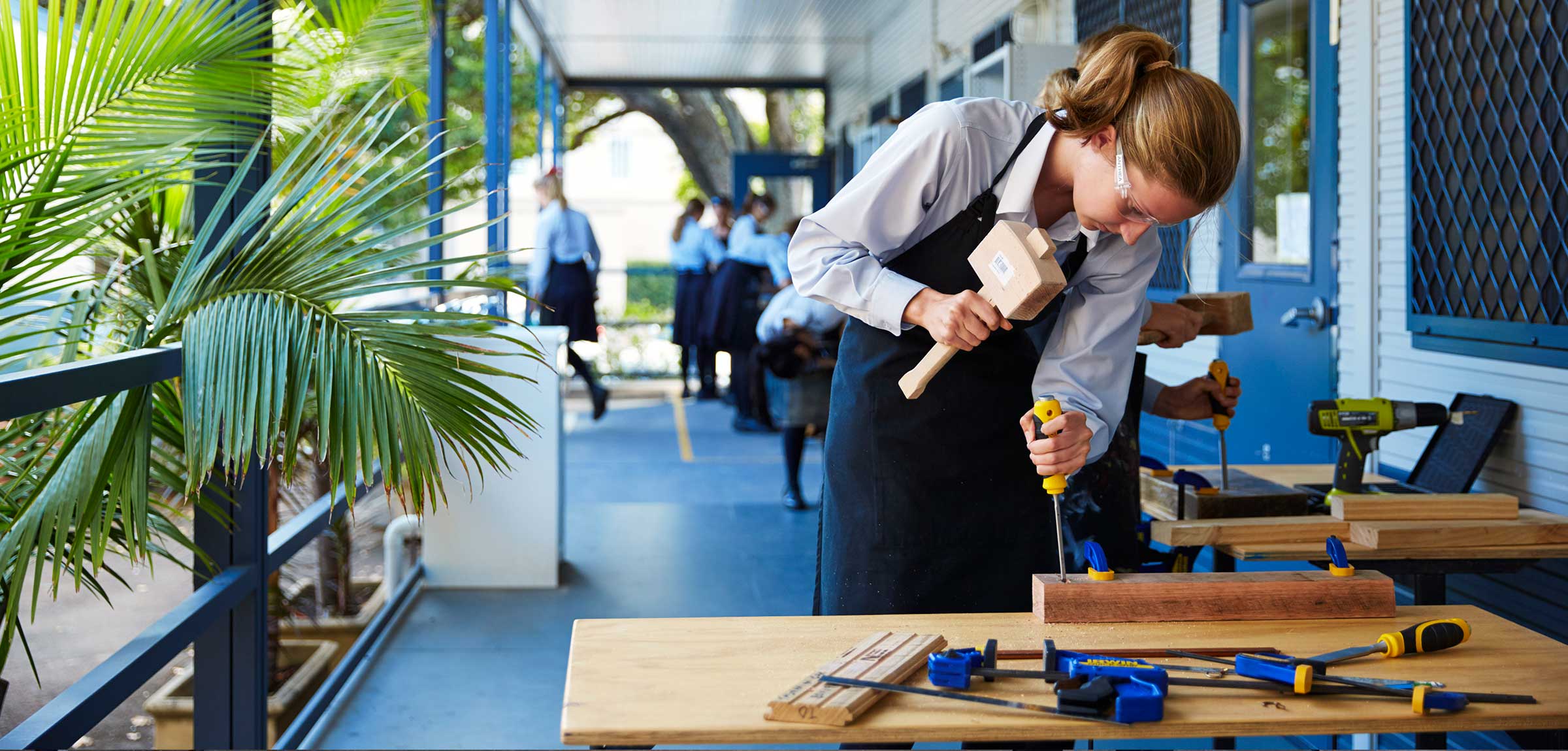 Design and technology outdoor workspace with tools